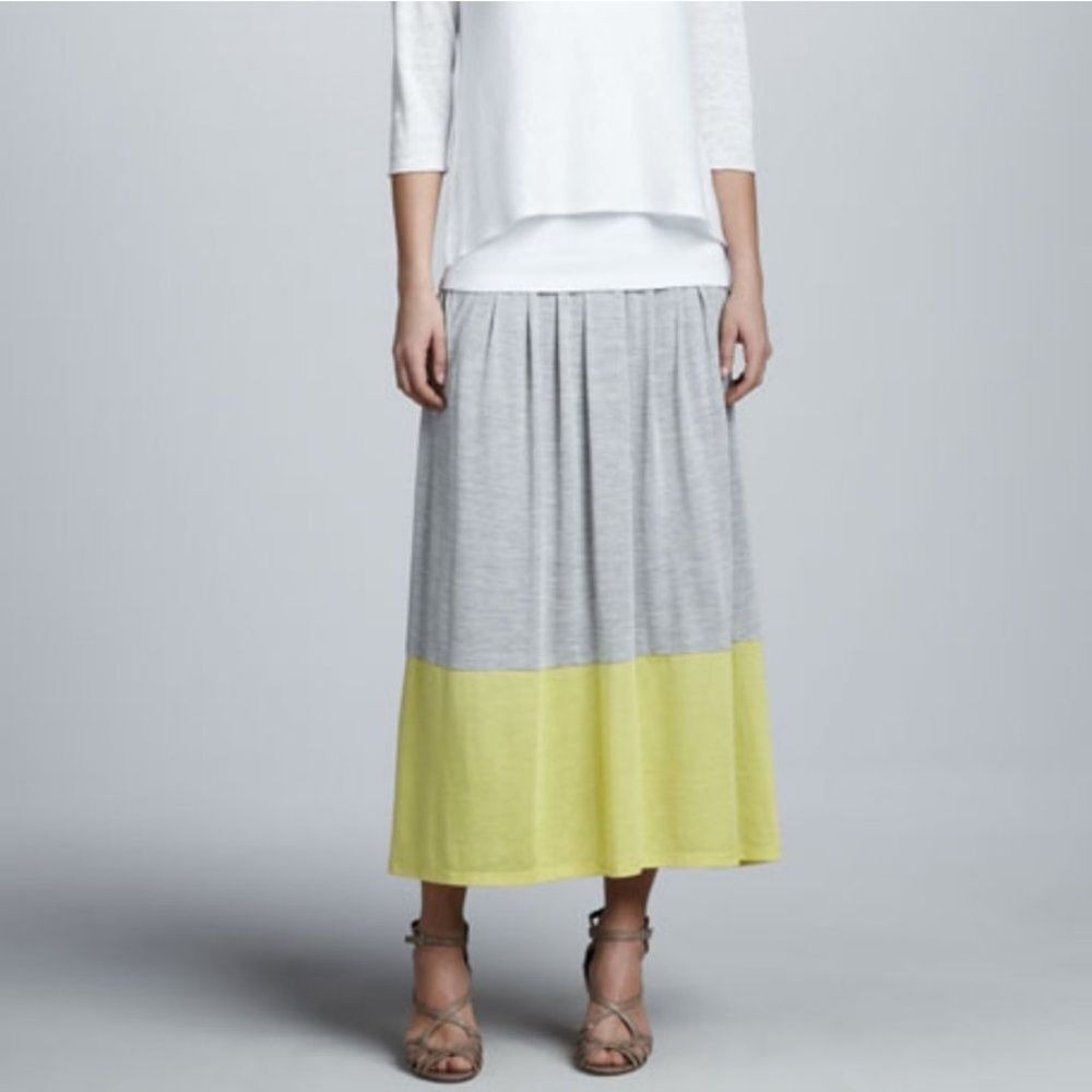 Eileen Fisher Midi Skirt Womens M Gray Yellow Colorblock Pleated Jersey Pockets